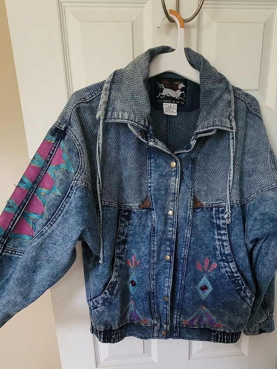 Jackets & Blazers - Vintage Denim Jacket with Teal & Magenta Embroidery-hand done